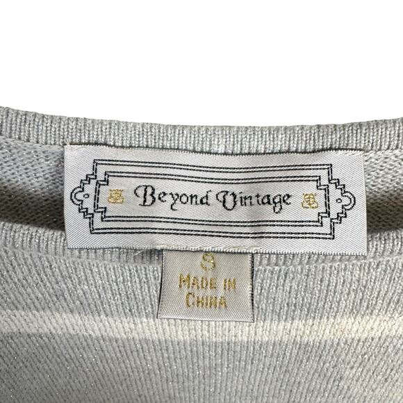 Beyond Vintage Gray Knit White Stripe Silver Sparkle Short Dolman Sleeve Sweater - Picture 10 of 12